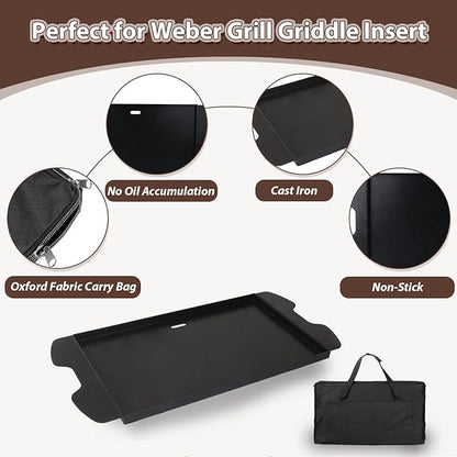 7034 Cast Iron Griddle Plate with Carry Bag for Weber Traveler Grills 9010001 9020001，Upgrade Flat Top Griddle Replacement Part for 9030001 9013001 9011701 Weber Traveler Portable Gas Grills,Black