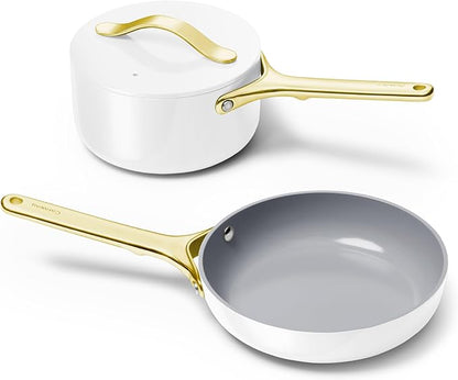 Caraway Mini Cookware Set - Non-Stick Ceramic Fry Pan (1.05 qt, 8") Sauce Pan (1.75 qt) & Storage Rack - Non Toxic, PTFE & PFOA Free - Oven Safe & Stovetop Agnostic (Gas, Electric & Induction) - White