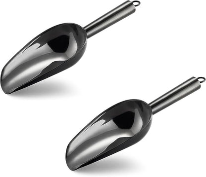 6 Ounce Ice Scoop Set of 2, E-far Platinum Black Stainless Steel Small Scoops for Ice Cube/Candy/Flour/Sugar, Metal Utility Scoops for Canisters, Baking, Kitchen Pantry, Rust Free
