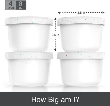 BALCI - 8oz Mini Ice Cream Containers with Silicone Lids (Set of 4) - Freezer Food Storage Containers, Reusable, LeakProof, For Homemade IceCream Containers - White with Sprinkles