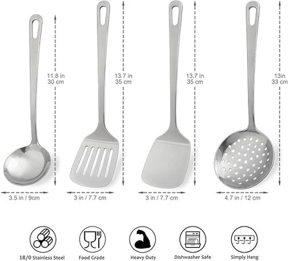 4pcs Cooking Utensils Set - Stainless Steel Kitchen Utensils, Heavy Duty Metal Kitchen Tools with Stainless Steel Spatula Solid & Slotted Turner, Ladle, Skimmer, Dishwasher Safe Easy to Clean