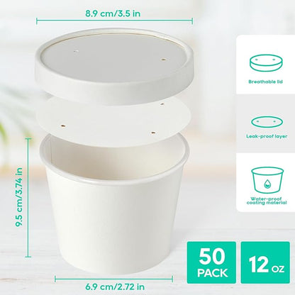 JOLLY PARTY 50pack 12oz Paper Soup Containers with Lids, Disposable Paper Food Cups, Ice Cream Cups, Food Storage with Lids, Microwavable and Freezer Safe, Suitable for Christmas Thanksgiving(White)