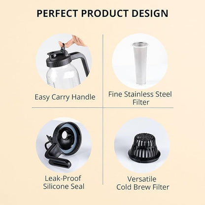Cold Brew Coffee Maker 64OZ Marson Jars Wide Mouth Glass Picther Spout Lid with Stainless Steel Filter,Leakproof Maker for Iced Tea,Espresso,Lemonade-Black