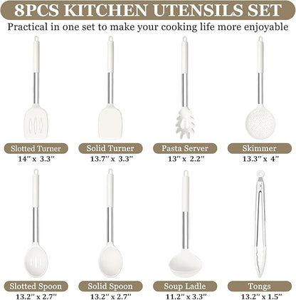 TeamFar Kitchen Utensils, 8PCS Cooking Silicone Utensils Kitchen Tool Kit with Stainless Steel Handle, for Nonstick Cookware Cooking Stirring Turning, Food Grade & Heat Resistant, Dishwasher Safe