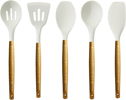 Kitchen Utensils Set, Silicone Cooking Utensils Set,Non-Stick Silicone Spatula Set with Natural Acacia Hard Wood Handle, 5 Piece, Upgraded Thickened Cookware