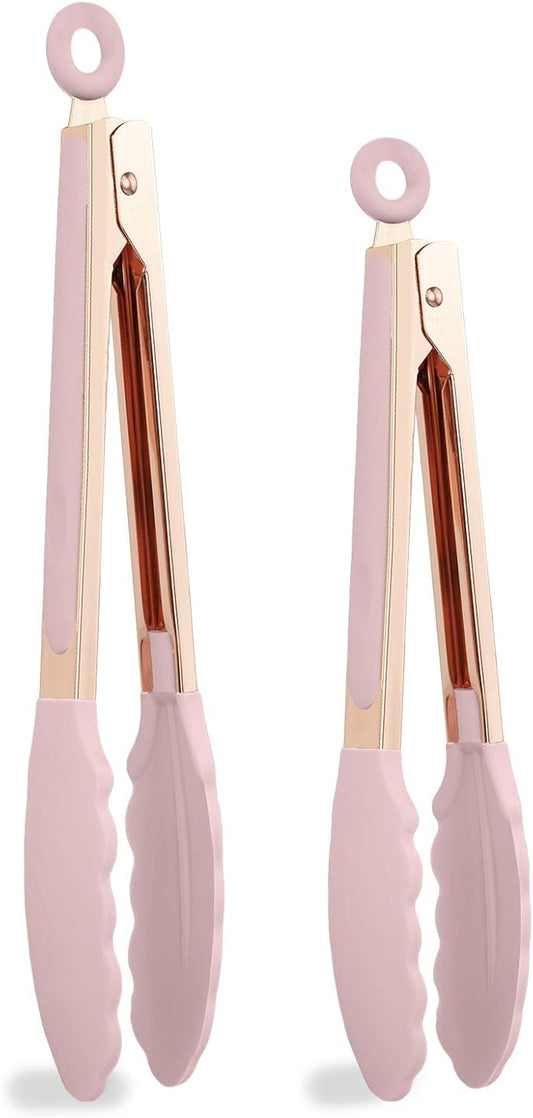 COOK WITH COLOR Stainless Steel Silicone Tipped Kitchen & BBQ Tongs Set, 2 Pc Tongs, Pink