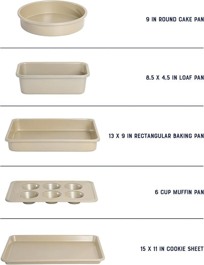 Oster Verlice 5 Piece Carbon Steel Baking Pans Bakeware Set W/Premium PFA Free Nonstick - Champagne Gold