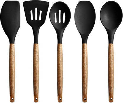 Kitchen Utensils Set, Silicone Cooking Utensils Set,Non-Stick Silicone Spatula Set with Natural Acacia Hard Wood Handle, 5 Piece, Upgraded Thickened Cookware