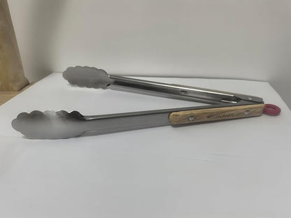 Stainless Steel Kitchen Tongs with Oak Wood Handle - Heat Resistant, Heavy Duty Locking Tongs for Cooking, BBQ, Salad, and Serving - Set of 2 (9" and 12") - Dishwasher Safe, Food Grade, No Rubber