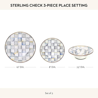 MACKENZIE-CHILDS 3-Piece Enamel Place Setting with 10-Inch Round Dinner Plate, 8-Inch Salad/Dessert Plate, and 7.5-Inch Breakfast Bowl, Gray-and-White Sterling Check