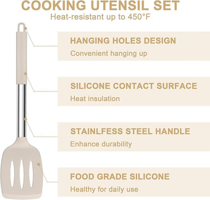 E-far Silicone Cooking Utensils Set, 7 Pcs Heat Resistant Kitchen Utensils with Stainless Steel Handle, Slotted Turner, Spoon, Soup Ladle, Pasta Server, Skimmer, Tongs for Nonstick Cookware, Khaki