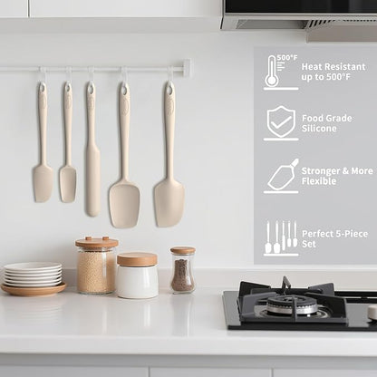Coukre Silicone Spatula Set of 5,High Heat Resistant, Food Grade Silicone, Upgraded Extended Reinforced Handle,Dishwasher Safe, for Baking, Cooking (Pure Beige, Solid color)