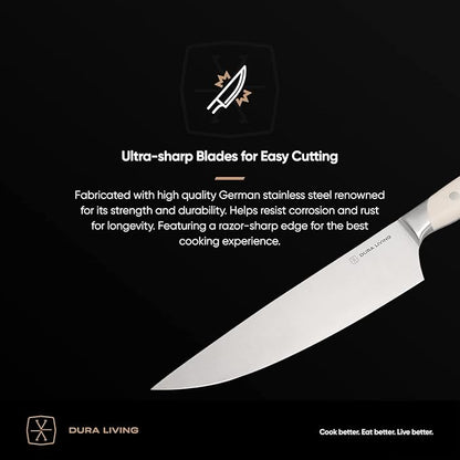 DURA LIVING 3-Piece Kitchen Knife Set – Ultra-Sharp German Stainless Steel, 8” Chef, 5” Utility, and 3.5” Paring Knives with Ergonomic Handles, Multipurpose Kitchen Knife Set, Clear