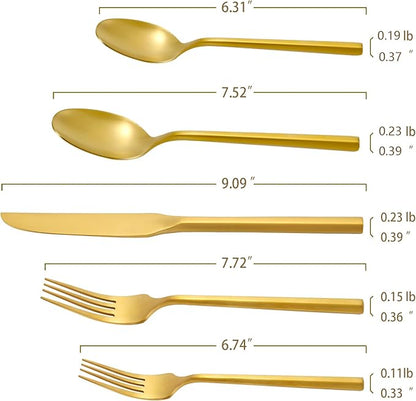 DEACORY Silverware Set Flatware Set Matte Gold Cutlery Set Heavy Hexagon Handle Stainless Steel 60 Pieces Dishwasher Safe Service for 12
