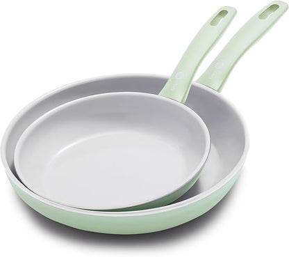 GreenPan Dover 8” & 10” 2 Piece Frying Pan Skillet Set, Non-Toxic PFAS-Free Ceramic Nonstick Coating, Sear Saute Fry Egg Omlete, Dishwasher & Oven Safe, Stay Cool Handle, Easy Pour Rims, Pastel Green