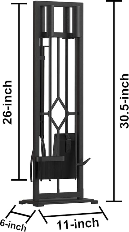 Fire Beauty 5 Pieces Fireplace Tools Set Wrought Iron Fire Place Pit Poker Holder(Black)