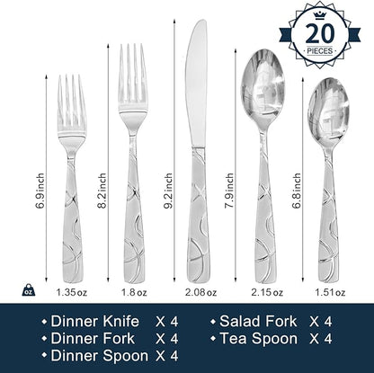 HIKAA 20PCS Silverware Set Service for 4,Premium Stainless Steel Cutlery Set, Mirror Polished Flatware Sets,Modern Kitchen Eating Utensils Set Include Spoons Forks Knives