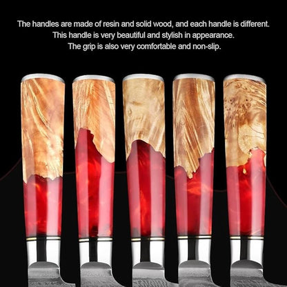 Epicurean Cook Tidal Collection 8 PCS Damascus Knife Set: Japanese Kitchen Knives in an Elegant Box with Red Resin and Burl Wood handles with VG10 Steel Core Ultra-Sharp Professional Chef Knife Set!