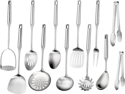 304 Stainless Steel Kitchen Utensils Set, 12 Pcs Long Metal Utensils Set with Potato Masher, Spoon, Ladle, Skimmer, Turner, Pasta Server, Tongs etc(Dishwasher Safe)