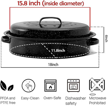 Turkey Roaster Pan 18in Roasting Pan With Lid Enamel Carbon Steel Roaster Pot with 16in Inner Diameter,18 pound large capacity Resistance up 900°F Oval Cookware