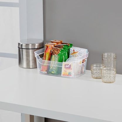 Sterilite 9.5 x 6.5 x 4 Inch Small Open Scoop Front Clear Storage Bin with Comfortable Carry Through Handles for Household Organization (48 Pack)