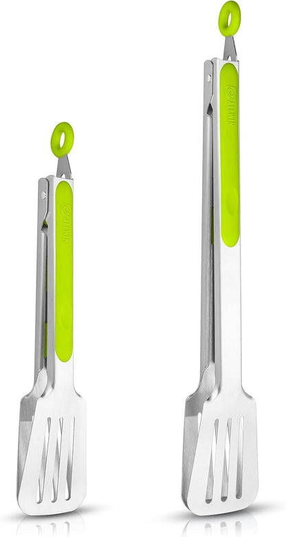 Premium 304 Stainless Steel Barbecue Turners, Heavy Duty Non-Stick BBQ Cooking Kitchen Tongs, 9" and 12" Green