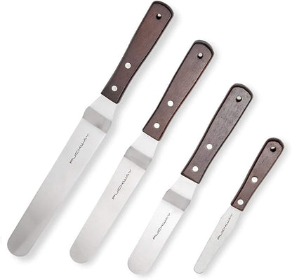 Offset Cake Icing Spatula Set of 4- Professional Stainless Steel Cake Decorating Frosting Spatulas, 4"-6"-8"-10" Flexible Resistant Blade, Wooden Handle For Easy Grip