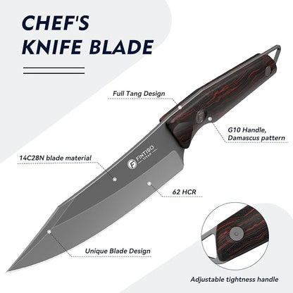 FINTISO 14C28N Steel Viking Knife, Japanese Butcher Knife with G10 Handle, Ultra Sharp Meat Cleaver Boning Knife for Meat Cutting, Outdoor Kitchen Chef Knife Best Gift (Red)