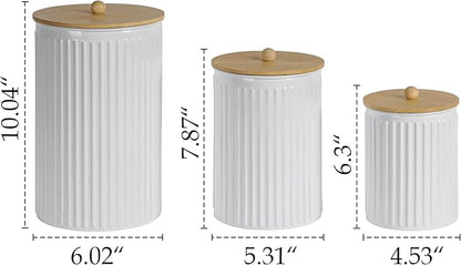 Kitchen Canister Set of 3 Tea Coffee Sugar Containers with Airtight Bamboo Lids Food Flour Storage for Countertop Metal White Vertical Stripe Pattern Embossed Farmhouse Decor