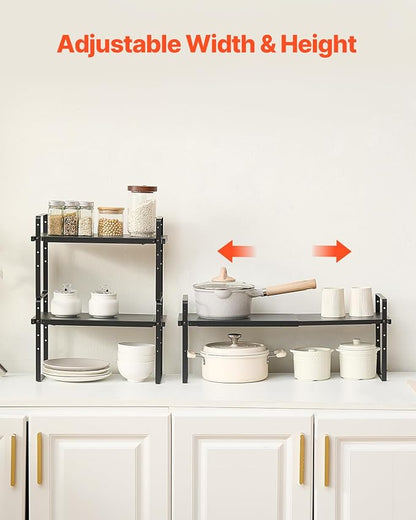 VEVOR Adjustable Kitchen Cabinet Shelf Organizer, Expandable 2 Tier Cabinet Shelf, Stackable Countertop Organizers and Storage Risers, Pantry for Kitchen Bathroom Office, Black