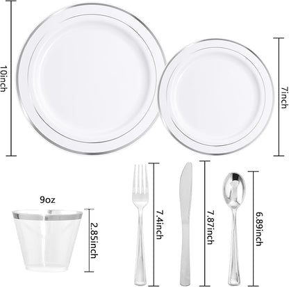 bUCLA 600pcs Silver Plastic Dinnerware Set for 100 Guests - Silver Christmas Dinnerware Set Disposable for Party - Include 100 Dinner Plates,100 Dessert Plates,100Cups,100 Knives,100 Forks,100 Spoons