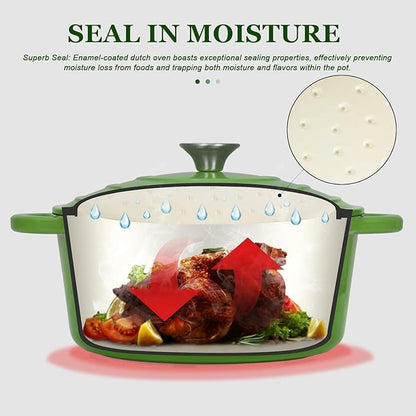 Overmont Enameled Cast Iron Dutch Oven - 5.5QT Pot with Lid Cookbook & Cotton Potholders - Heavy-Duty Cookware for Braising, Stews, Roasting, Bread Baking Green