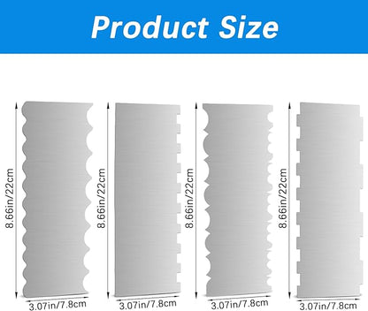 4 Pieces Stainless Steel Cake Scraper 10 Inch and Sided Patterned Edge Stripe Edge Smoother Scraper Cake Decorating Comb Cake Pastry Cutter for Mousse Butter Cream Cake Decoration