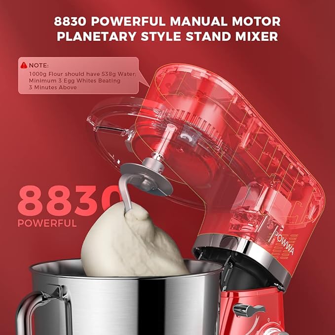 Stand Mixer, POWWA 7.5 QT Electric Mixer, 6+P Speed 660W Household Tilt-Head Kitchen Food Mixers with Whisk, Dough Hook, Mixing Beater & Splash Guard for Baking, Cake, Cookie, Kneading (Red)