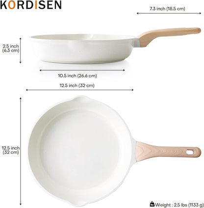 Kordisen Nonstick Ceramic Frying Pan, 12.5 Inch Ceramic Large Skillet, Healthy Non Toxic Cooking Pan, Stay-Cool Handle, Induction Compatible, PFOA & PFAS Free, White
