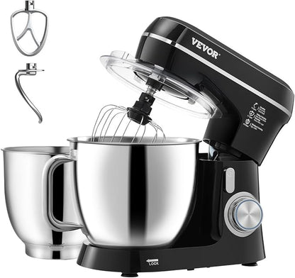 VEVOR Stand Mixer, 5.3QT + 4.4QT Two Stainless Steel Bowls, 10+P Speeds Tilt-head Food Mixer, Kitchen Mixer with Dough Hook, Wire Whip, Beater, Scraper, Household Stand Mixer for Baking Mixing, Black