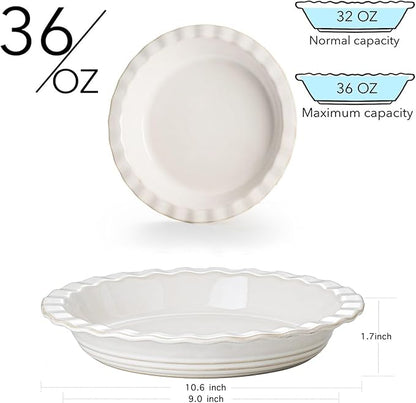 Ceramic Pie Pans for Baking 9 inch, 45 OZ Deep Dish Pie Pan, Quiche Baking Dish for Oven, Farmhouse Decor Pie Plate, Oven Safe, Set of 1, Off-White