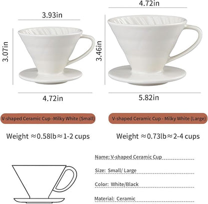 Pour Over Coffee Maker, Single Cup Coffee Dripper, Manual Porcelain Slow Brewing Accessories for Travel, Camping, Office, Home, Cafe, Coffee Gifts (White, Large,2-4Cups)