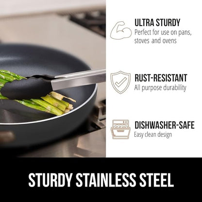 GORILLA GRIP Stainless Steel Heat Resistant Kitchen Tongs for Cooking, 7 + 12 Inch Set of 2 BBQ Tong, Non Scratch Silicone Tip for Pan, Strong Grip, Grab Food, Toss Salad, Air Fryer, Pull Lock, Black
