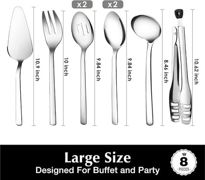 KINGSTONE Large Hostess Serving Utensils Set, 18/10 Stainless Steel Heavy Duty 10-inch Serving Utensils, Slotted Spoons, Forks, Tongs, Cake Pie Server for Buffet, Wedding, Party