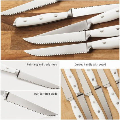 Alata 8-Piece White Steak Knives Set, Stainless Steel Steak Knife set with Serrated Edge, Razor-Sharp, Full-Tang Construction, Dishwasher Safe