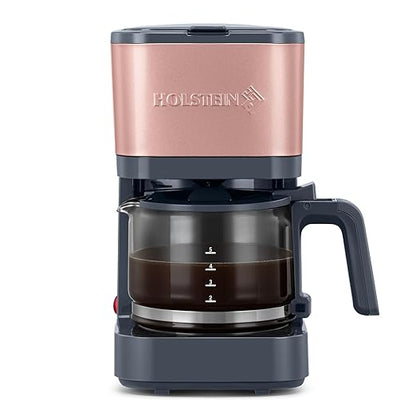 Holstein Housewares 5 Cup Coffee Maker – Compact Drip Coffee Machine with Auto Pause & Serve, Reusable Filter, Glass Carafe, Water Window & Warming Plate. Dark Grey & Rose Gold