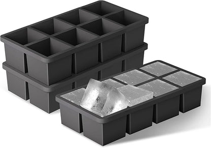 Samuelworld Large Silicone Ice Cube Tray Molds, Big 2 Inch Cubes - Food Grade, Flexible, 8 Cavity Easy Release Slow Melting Ice for Whiskey, Cocktails, Gifts & Christmas - Black (3 Pack)