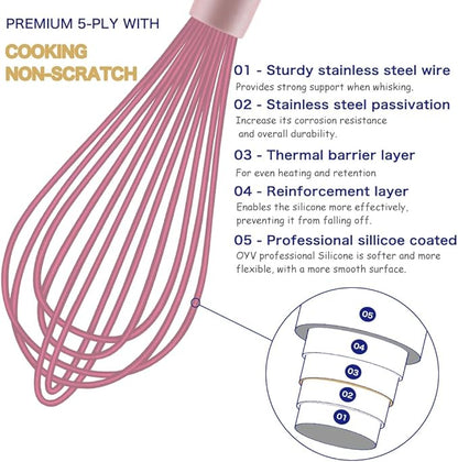 Pink whisk, Dishwasher Safe Wisk, Professional Whisks For Cooking Non-Scratch, Stainless Steel & Silicone Wisk, Plastic Rubber Whisk Tool For Nonstick Cookware Pans, Heat Resistant Whisk 12-Inch