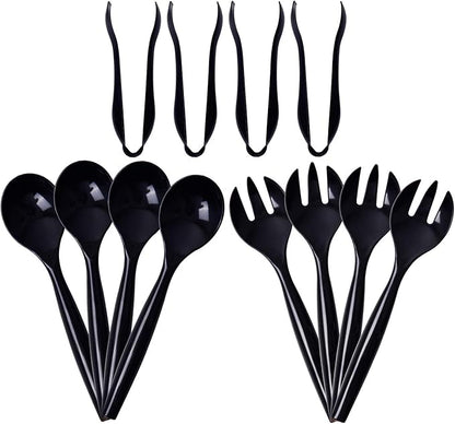 Supernal 72pcs Plastic Serving Utensils Heavy Duty Disposable Serving Tongs Black Disposable Serving Set 10" Spoons 10" Forks 6" Tongs Each 24pcs