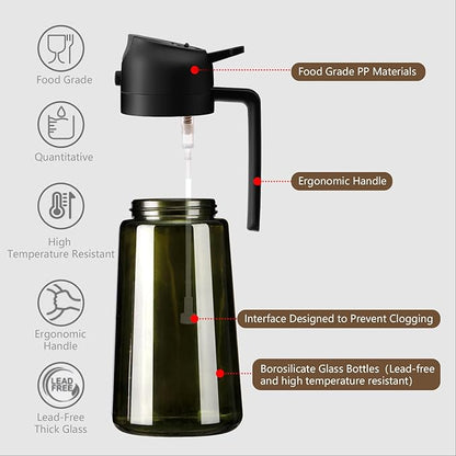 2PCS Olive Oil Dispenser and Oil Sprayer – 16oz/470ml Glass Light-Proof Oil Pourer for Kitchen, Air Fryer, Cooking, Salad, and BBQ