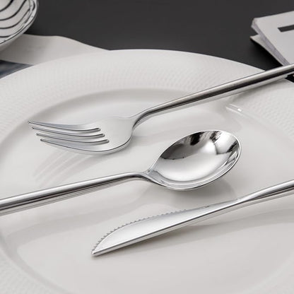 LIYH 102 Pcs Silver Plastic Silverware - Heavyduty Plastic Cutlery Set Disposable Utensils Flatware Set Knives Forks Spoons Disposable Cutlery