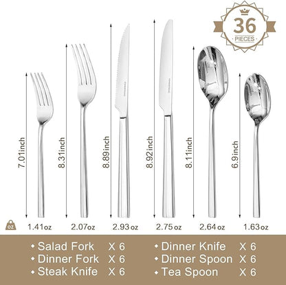 KINGSTONE Silverware Set with Steak Knives, 36-Piece Forged Flatware Set Cutlery Set Premium Stainless Steel, Service for 6, for Kitchen, Home, Wedding, Party, Mirror Polished and Dishwasher Safe