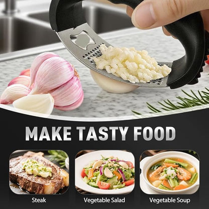 Stainless Steel Garlic Press Rocker, 2025 New Garlic Mincer and Garlic Crusher, Easy-Squeeze Garlic Tool with Peeler and Cleaning Brush for Smashing Garlic (A2-1Pcs)