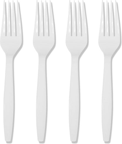 Prestee 100 White Plastic Forks Heavy-Duty, Heavyweight Plastic Silverware Forks, Fancy Plastic Cutlery, Elegant Disposable Forks Pack, Bulk Disposable Flatware, Christmas Holiday Plastic Utensils Set